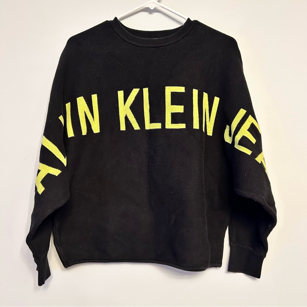Calvin Klein Jeans Oversized Logo Sweatshirt Black Neon Yellow Batwing S W29